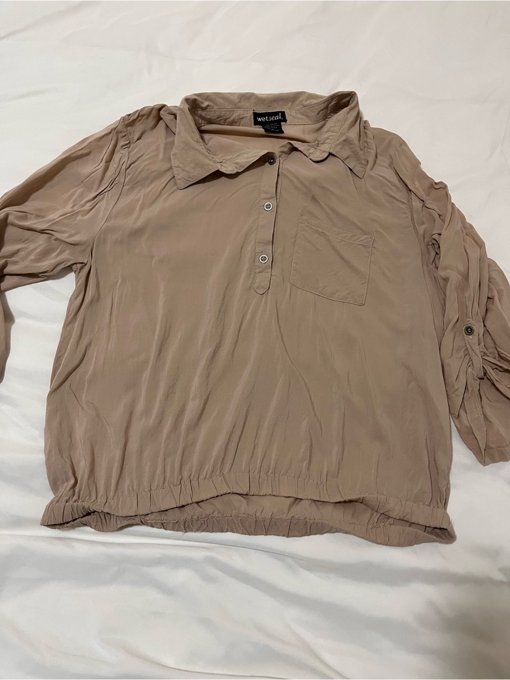 Wet Seal Taupe Button-Front Long Sleeve Blouse